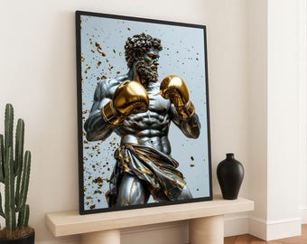 Boxing God Warrior Canvas – Silver Marble Male Statue with Golden Gloves – Mythology Strength Art Print – Bold Masculine Wall Decor