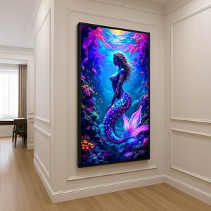 Vibrant Neon Mermaid Canvas, Underwater Fantasy Wall Art, Colorful Ocean Scene, Mythical Sea Creature Decor, Marine Life Illustration Print