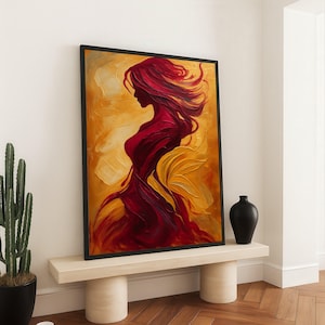 Abstract Female Silhouette Canvas, Red and Gold Woman Art, Modern Decorative Wall Art, Canvas Painting, Elegant Home Decor