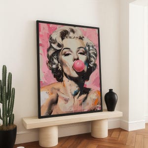Retro Glam Icon with Bubblegum, Pop Art Canvas, Marilyn Monroe Wall Art, Vintage Style Portrait, Pink Tone Home Decor, Modern Canvas Print