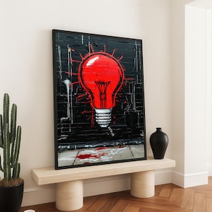 Red Lightbulb Graffiti Canvas – Urban Street Art Wall Print with Black Background – Bold Modern Wall Decor