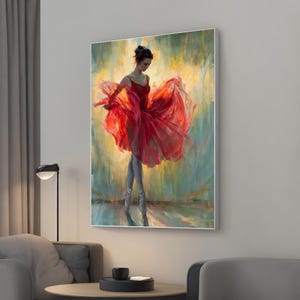 Canvaskunst elegante ballerina in rode jurk - schilderij sierlijke dans - muurdecoratie hedendaagse ballet