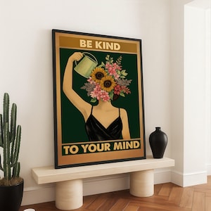 Be Kind To Your Mind Canvas Wall Art, Floral Head Woman Illustration, Inspirational Quote Print, Mental Wellness Decor, Nature and Self-Care