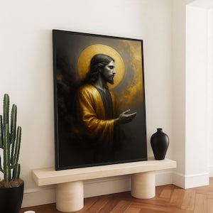 Golden Halo Jesus Portrait Canvas, Religious Wall Art, Spiritual Christian Decor, Divine Figure Canvas, Inspirational Home Decoration