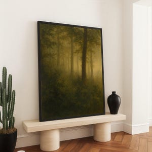 Misty Forest Scene Canvas, Moody Woodland Wall Art, Atmospheric Nature Painting, Dark Green Trees Canvas, Home Decor Ready to Hang