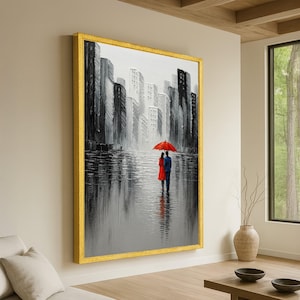 Romantic Cityscape Canvas, Couple with Red Umbrella, Urban Rainy Day Wall Art, Modern Love Scene, Canvas Painting, Home Decor
