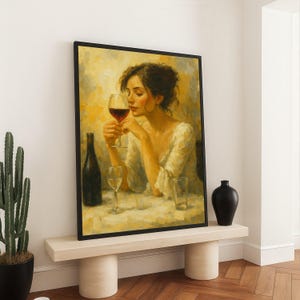 Elegant Woman Enjoying Red Wine, Impressionist Canvas Wall Art, Vintage Style Portrait Painting, Cozy Home Decor, Fine Art Print on Canvas