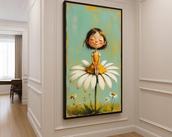 Whimsical Girl on Daisy Canvas, Cute Child Illustration, Floral Wall Art, Playful Nature Decor, Kids Room Canvas Decoration