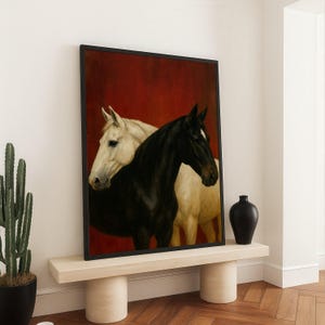 Elegant Black and White Horses Canvas, Equine Wall Art, Animal Portrait Painting, Rustic Home Decor, Nature Canvas Print, Ready to Hang