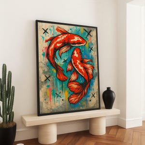Vibrant Koi Fish Canvas Wall Art, Modern Graffiti Fish Painting, Colorful Aquatic Home Decor, Urban Street Art Canvas, Ready to Hang