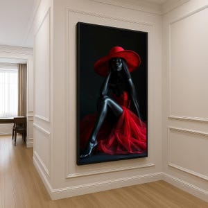 Elegant Black Woman in Red Dress Canvas, Fashion Portrait Wall Art, Glamorous Lady with Red Hat, Modern Home Decor, Stylish Canvas Print