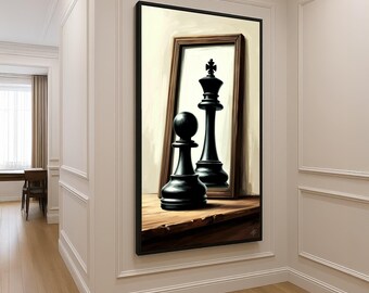Reflective Chess Pawn to King Canvas, Inspirational Wall Art, Motivational Game Piece Decor, Black Chess Theme Canvas, Unique Home