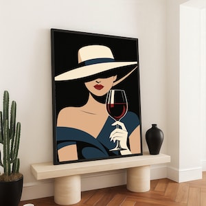 Elegant Woman with Wine Glass Canvas, Modern Minimalist Art, Fashion Wall Decor, Chic Lady Illustration, Sophisticated Home Decoration