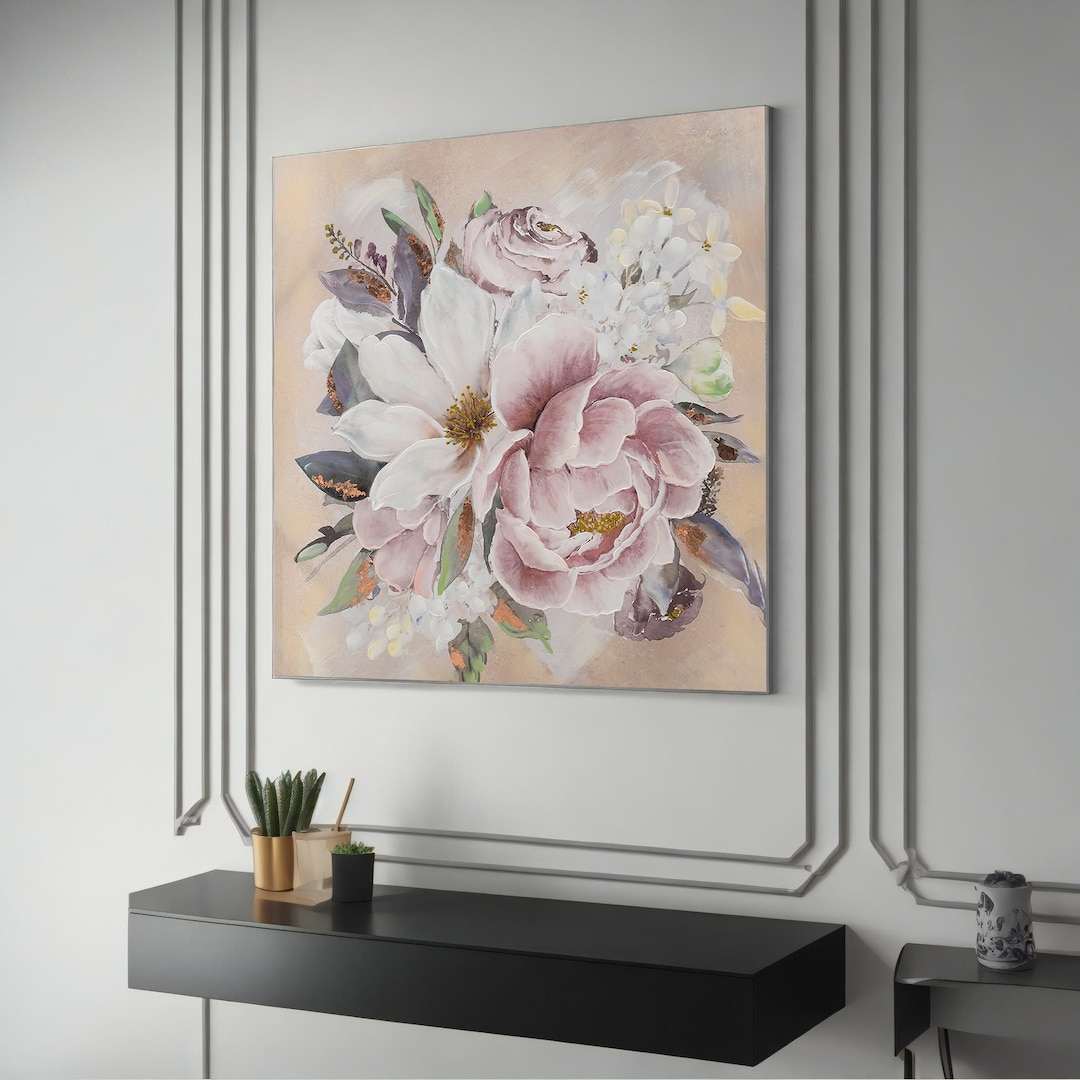 Pink Flowers Floral Art Canvas Painting, Botanical Wall Decor, Wall Art ...
