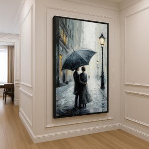 Romantic Rain Couple Canvas – City Street Scene Wall Art – Black Umbrella Lovers Painting – Rainy Day Modern Impressionist Decor