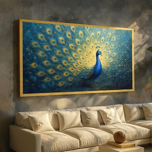 Majestic Blue Peacock Canvas Wall Art, Golden Feather Detail, Elegant Bird Painting, Home Decor, Ready to Hang Canvas