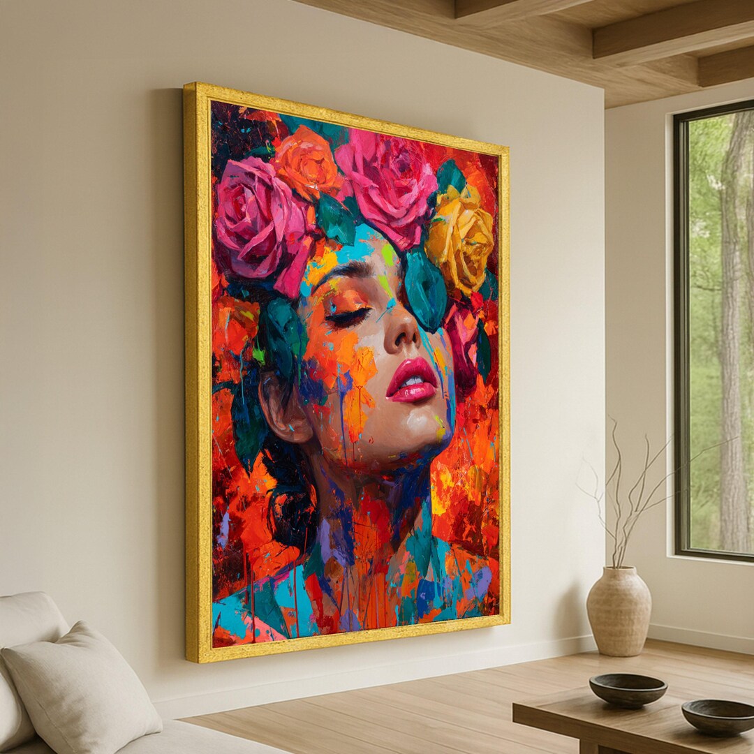 Vibrant Floral Crown Portrait, Abstract Woman Canvas Wall Art, Colorful ...