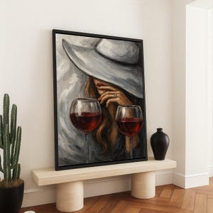 Elegant Woman with Wine Glasses Canvas, Red Wine Art, Chic Lady Portrait, Vintage Style Wall Art, Home Bar Decoration, Feminine Canvas Art