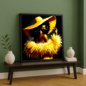 Arte mural de mujer afro en amarillo intenso: elegante retrato expresionista con sombrero. Impresión en lienzo de moda para una decoración moderna y glamurosa.