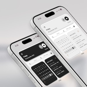 May include: Two silver smartphones displaying a calendar app interface. The screens show the date, weather, step count, and upcoming events. The time is 9:30 and 9:29. The app interface is white and black.