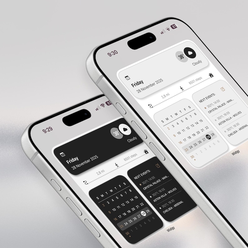May include: Two silver smartphones displaying a calendar app interface. The screens show the date, weather, step count, and upcoming events. The time is 9:30 and 9:29. The app interface is white and black.