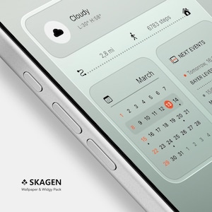 May include: A smartphone screen displaying a custom interface with widgets. The top widget shows "Cloudy" with temperature details. A calendar shows March, with the 13th highlighted. The screen also displays steps, distance, and event details. The Skagen logo is at the bottom.