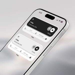 May include: A close-up of a smartphone displaying a weather and activity tracking widget. The widget shows the date, time, temperature, steps, and distance traveled. The screen is white and black with a minimalist design. The phone is silver.