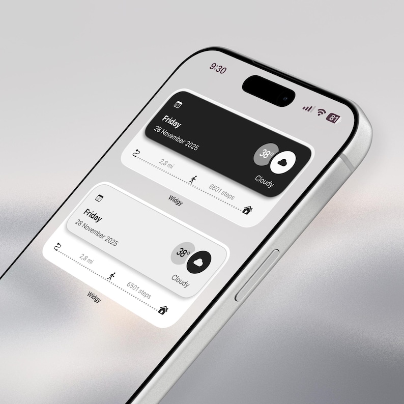 May include: A close-up of a smartphone displaying a weather and activity tracking widget. The widget shows the date, time, temperature, steps, and distance traveled. The screen is white and black with a minimalist design. The phone is silver.