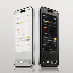Op de afbeelding: Twee smartphones naast elkaar, één met een lichte interface en één met een donkere interface. Beide schermen tonen een widget-indeling met weer, een kalender voor 28 september, evenementenlijsten en gegevens over fitnessactiviteiten.