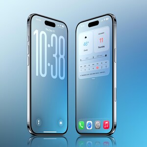 May include: Two silver smartphones with a blue gradient display. The left phone shows the time, "10:38", and the date. The right phone displays weather information, a calendar, and app icons. The background is a light blue gradient.