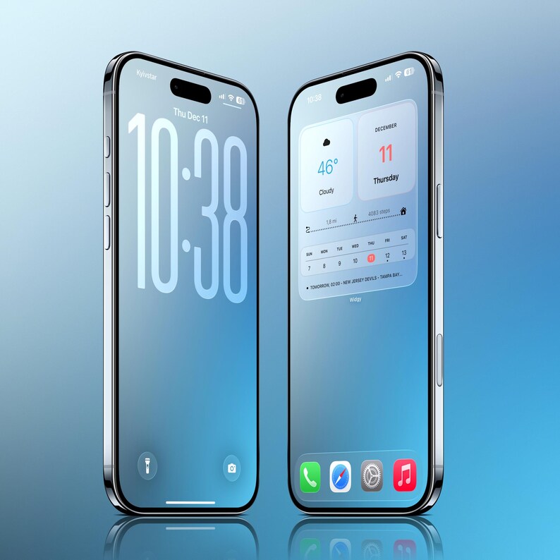 May include: Two silver smartphones with a blue gradient display. The left phone shows the time, "10:38", and the date. The right phone displays weather information, a calendar, and app icons. The background is a light blue gradient.