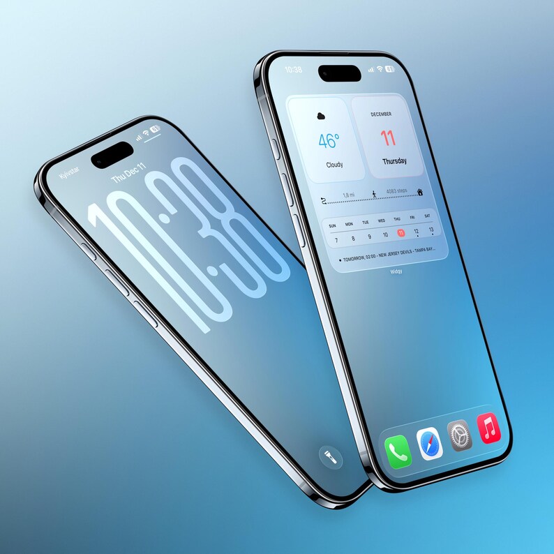 May include: Two silver smartphones with blue gradient screens. One shows the time as 10:38, the other displays a weather widget with 46 degrees and a calendar. The date is Thursday, December 11.