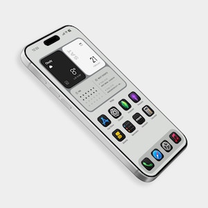 May include: A silver smartphone with a light grey screen showing a custom home screen layout. The screen displays widgets for weather, calendar, and apps like App Store, ChatGPT, and Calculator. The time is 12:33.