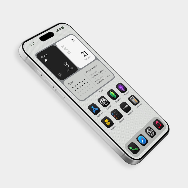 May include: A silver smartphone with a light grey screen showing a custom home screen layout. The screen displays widgets for weather, calendar, and apps like App Store, ChatGPT, and Calculator. The time is 12:33.