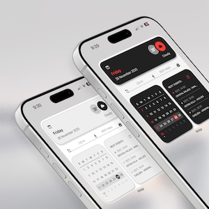 May include: Two white smartphones showing a black and white calendar app interface. The app displays the date, weather, steps, and upcoming events. The time is 9:30 and 9:29. The app includes the text "Friday, 28 November 2025".