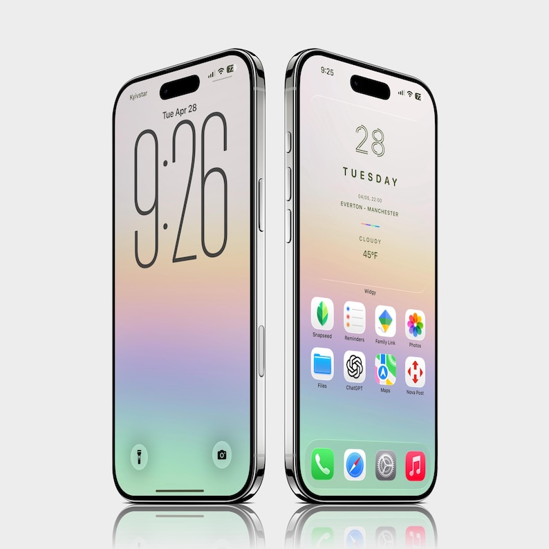 Puede incluir: Dos smartphones plateados con pantallas que muestran la hora y la fecha. Uno muestra "9:26" y el otro "9:25" con la fecha "Tue Apr 28". Las pantallas tienen un fondo degradado con iconos de aplicaciones.