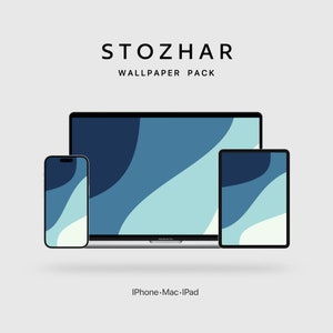 May include: A mockup of a laptop, tablet, and smartphone displaying a blue and white abstract wallpaper design. The wallpaper features a series of overlapping, curved shapes in shades of blue and white. The text "Stozhar Wallpaper Pack" is displayed above the devices, and the text "iPhone-Mac-iPad" is displayed below the devices.