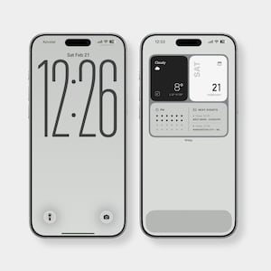 May include: Two smartphones with custom home screens. The left screen shows a large digital clock displaying 12:26, with the date 'Sat Feb 21'. The right screen shows weather details, a calendar, and upcoming events. The time is 12:33.
