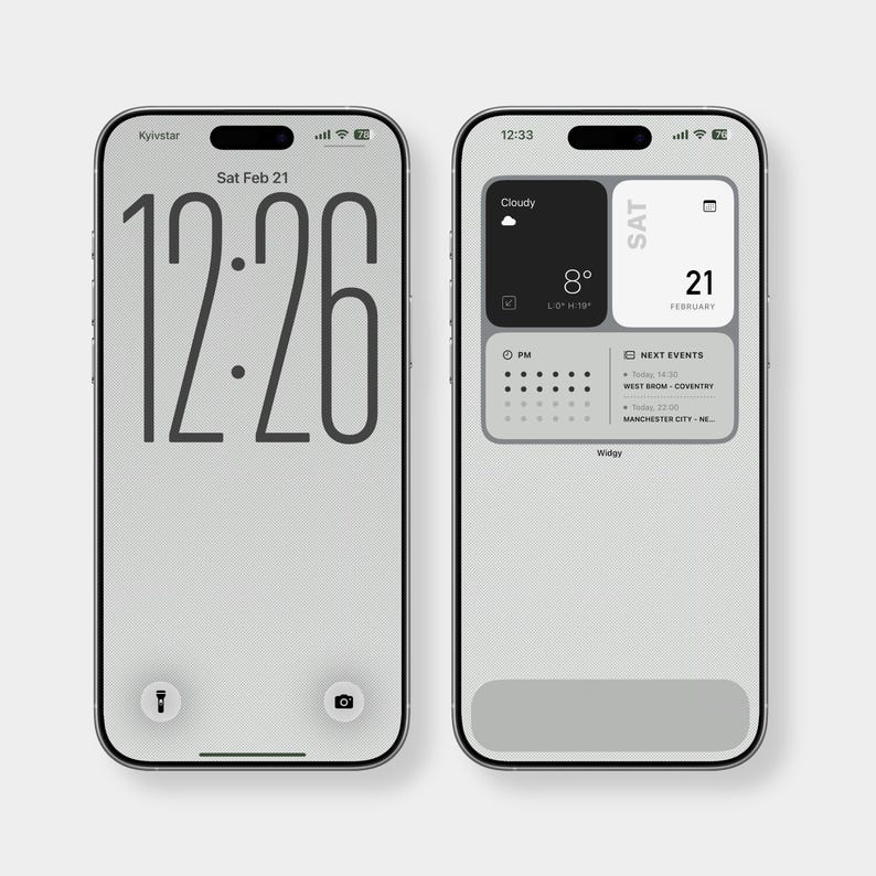 May include: Two smartphones with custom home screens. The left screen shows a large digital clock displaying 12:26, with the date 'Sat Feb 21'. The right screen shows weather details, a calendar, and upcoming events. The time is 12:33.