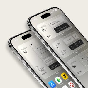 Pode incluir: Dois smartphones prateados exibindo um calendário, informações meteorológicas e ícones de aplicativos. As telas mostram sábado, dia 16, com detalhes do tempo e um calendário. Os telefones têm um design elegante e moderno.