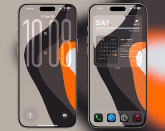 May include: Two smartphones displaying custom home screen designs. The left phone shows a large digital clock and date against a gray, black, and orange abstract background. The right phone displays a calendar, weather, and event information.