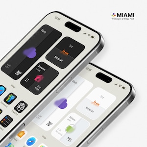 Może przedstawiać: Dwa smartfony z niestandardowymi ekranami głównymi wyświetlającymi widżety pogody, daty i licznika kroków. Ekrany pokazują ikonę pochmurnej pogody, fioletowe serce i tekst "MIAMI Wallpaper & Widgy Pack". Godzina to 10:18.