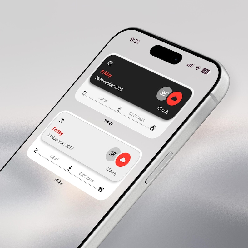 May include: A close-up of a smartphone displaying a weather and activity tracking app. The screen shows the date, time, temperature, and step count. The app interface is clean with a black and white color scheme and red accents. The phone is silver.
