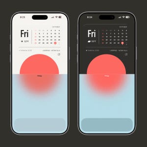 May include: Two smartphones showing a digital calendar widget. The widgets display the date, weather, and a red sun graphic. One phone has a white background, the other a dark background. The time is displayed at the top.