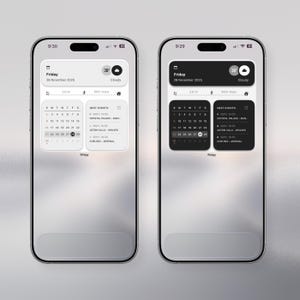 May include: Two smartphones displaying a calendar and weather widget. The widgets show the date, temperature, and upcoming events. One screen has a white background, and the other has a black background. The time is displayed at the top.