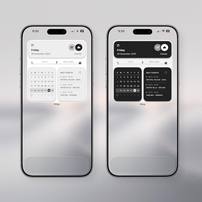 May include: Two smartphones displaying a calendar and weather widget. The widgets show the date, temperature, and upcoming events. One screen has a white background, and the other has a black background. The time is displayed at the top.