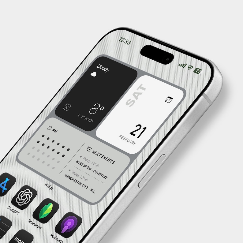 May include: A smartphone screen showing a custom home screen with the time, weather, date, and app icons. The weather shows 8 degrees. The phone has a silver frame and a sleek design. The date is the 21st of February.
