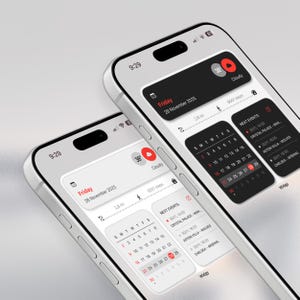 May include: Two silver smartphones displaying a calendar and weather app interface. The screens show the date, time, and upcoming events. The apps have a black, white, and red color scheme. The time displayed is 9:29.