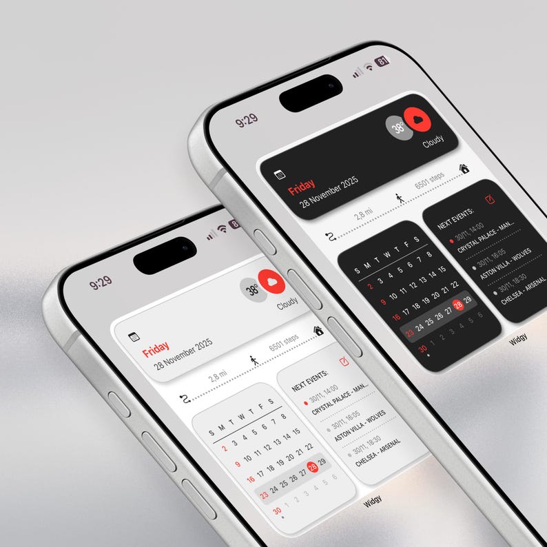 May include: Two silver smartphones displaying a calendar and weather app interface. The screens show the date, time, and upcoming events. The apps have a black, white, and red color scheme. The time displayed is 9:29.