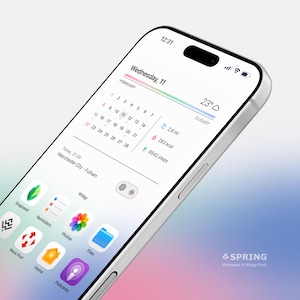 May include: A silver smartphone displays a custom home screen with app icons and a calendar widget. The screen shows the date, weather, and fitness data. The phone's screen has a gradient background with the text "SPRING Wallpaper & Widgy Pack".